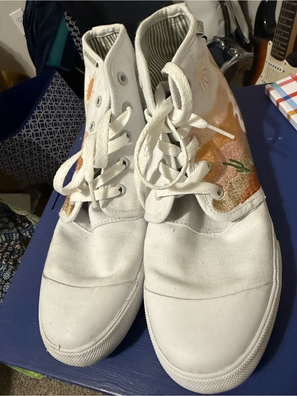 BANGS White High-Top Canvas Sneakers with Gold Desert scene Accent - unisex